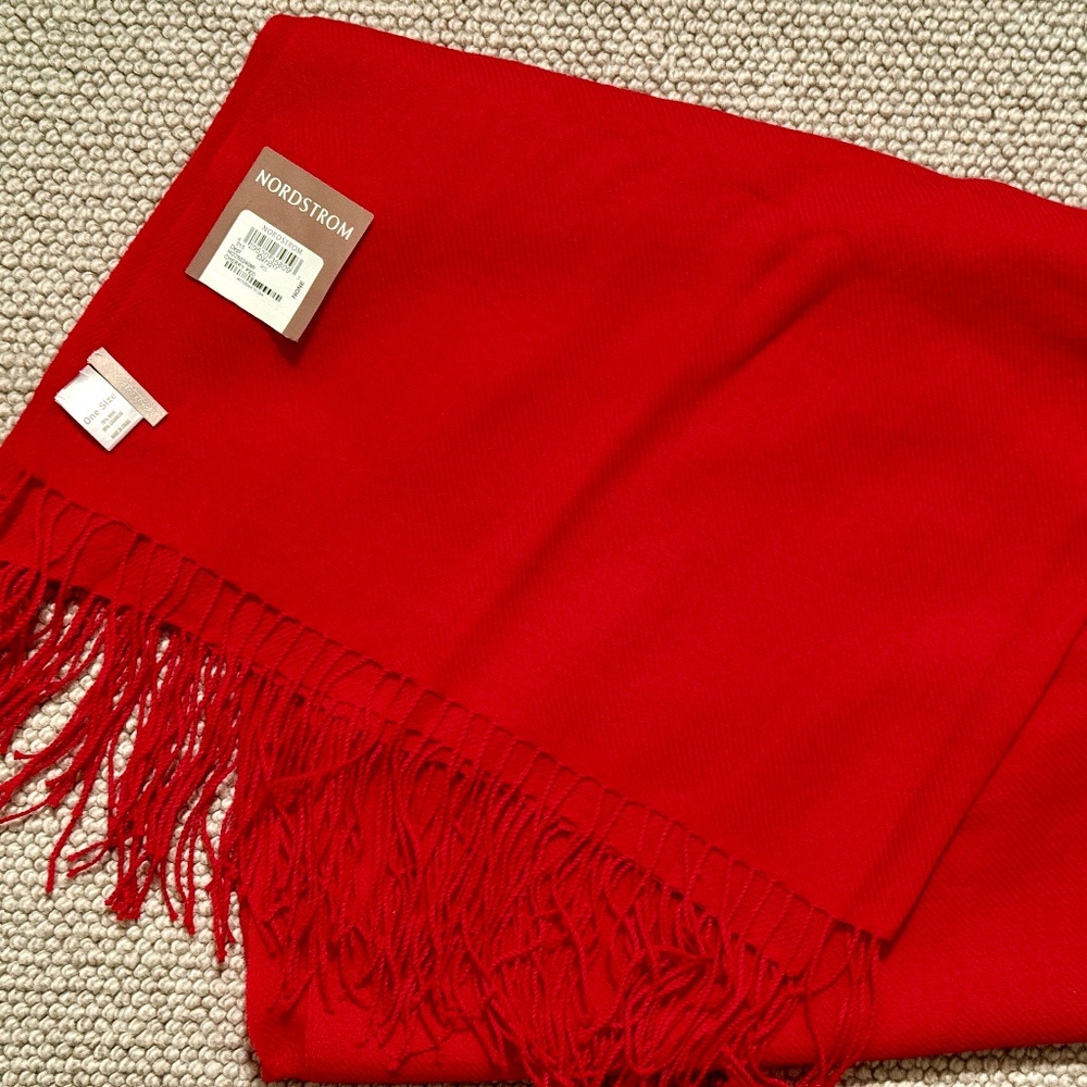 Nordstrom “Cherry Red” Wool & Cashmere Scarf 80” Long x 30” Wide - NWT